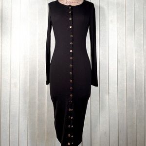 Med black ribbed stretch body con midi dress gold button down long sleeve